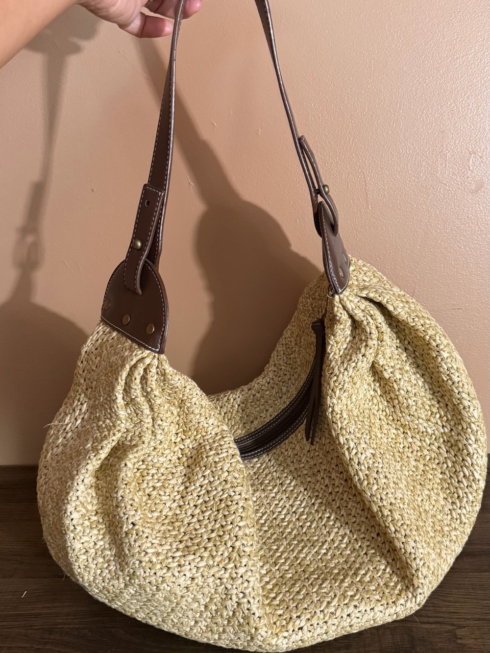 Loft Straw Crochet Hobo Bag with Brown Leather Strap